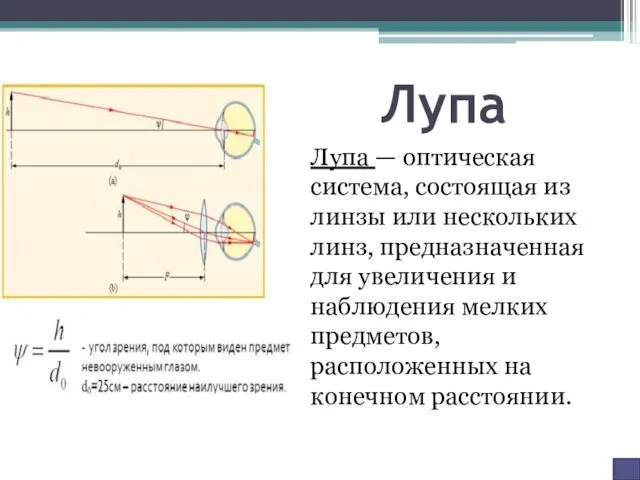 Лупа Лупа — оптическая система, состоящая из линзы или нескольких линз,