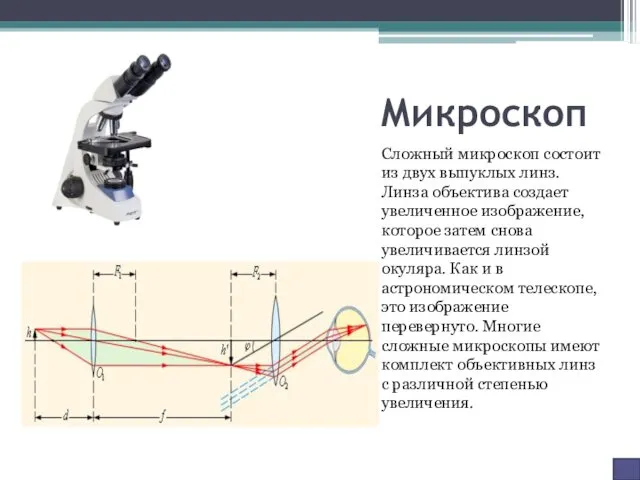 Микроскоп Сложный микроскоп состоит из двух выпуклых линз. Линза объектива создает