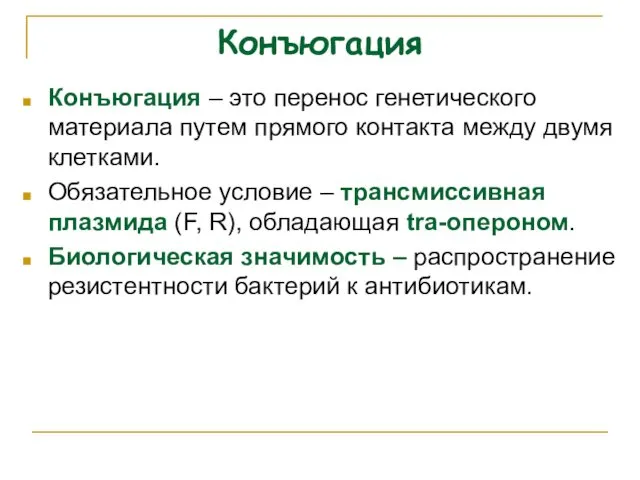 Конъюгация Конъюгация – это перенос генетического материала путем прямого контакта между