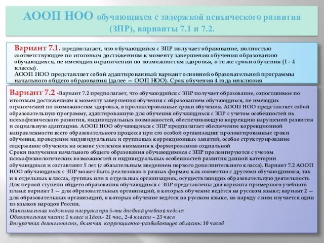 Вариант 7.1. предполагает, что обучающийся с ЗПР получает образование, полностью соответствующее