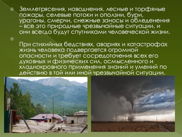 Землетрясения, наводнения, лесные и торфяные пожары, селевые потоки и оползни, бури,