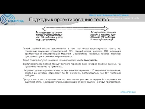 Подходы к проектированию тестов Левый крайний подход заключается в том, что