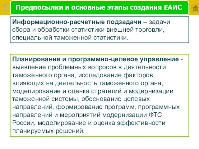 Предпосылки и основные этапы создания ЕАИС Информационно-расчетные подзадачи – задачи сбора