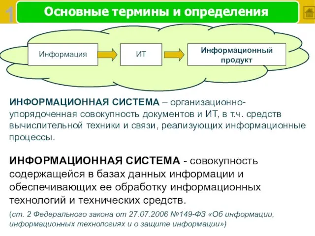 Основные термины и определения ИНФОРМАЦИОННАЯ СИСТЕМА – организационно-упорядоченная совокупность документов и