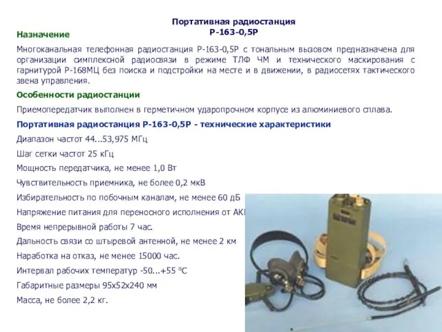 Портативная радиостанция Р-163-0,5Р Назначение Многоканальная телефонная радиостанция Р-163-0,5Р с тональным вызовом