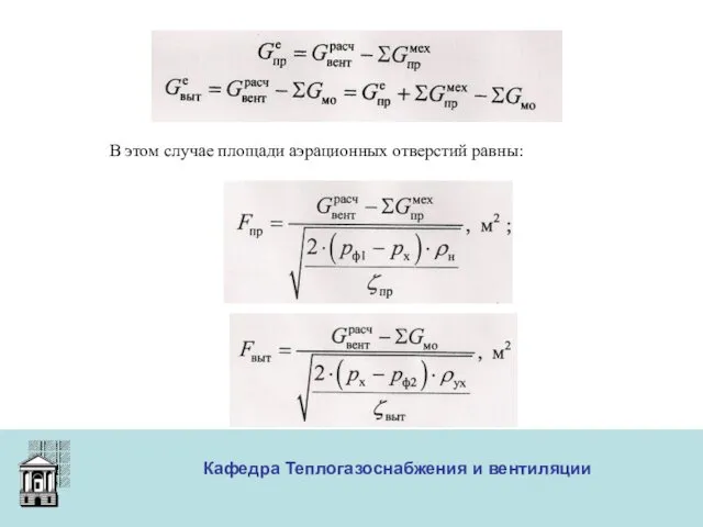 ООО «Меди» Кафедра Теплогазоснабжения и вентиляции В этом случае площади аэрационных отверстий равны: