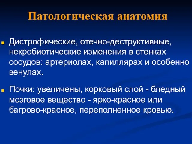 Патологическая анатомия Дистрофические, отечно-деструктивные, некробиотические изменения в стенках сосудов: артериолах, капиллярах