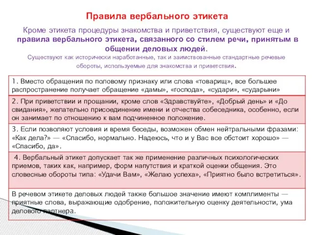 Кроме этикета процедуры знакомства и приветствия, существуют еще и правила вербального