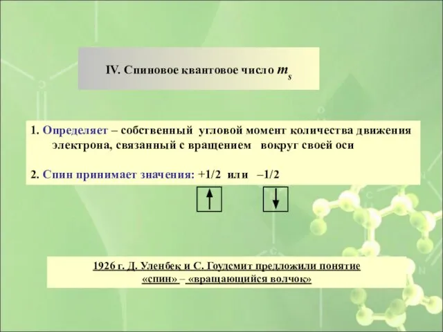 IV. Cпиновое квантовое число ms 1. Определяет – собственный угловой момент