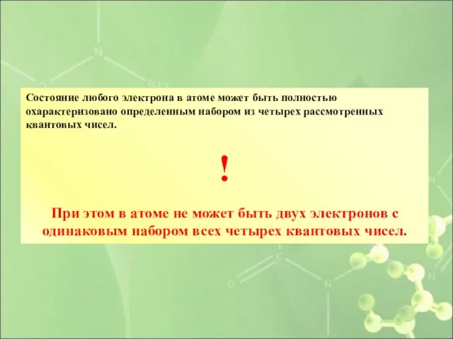 Состояние любого электрона в атоме может быть полностью охарактеризовано определенным набором