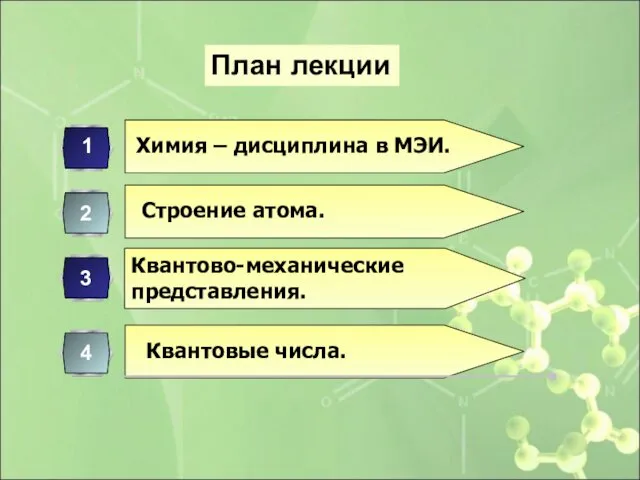 Химия – дисциплина в МЭИ. Строение атома. Квантово-механические представления. Квантовые числа. План лекции