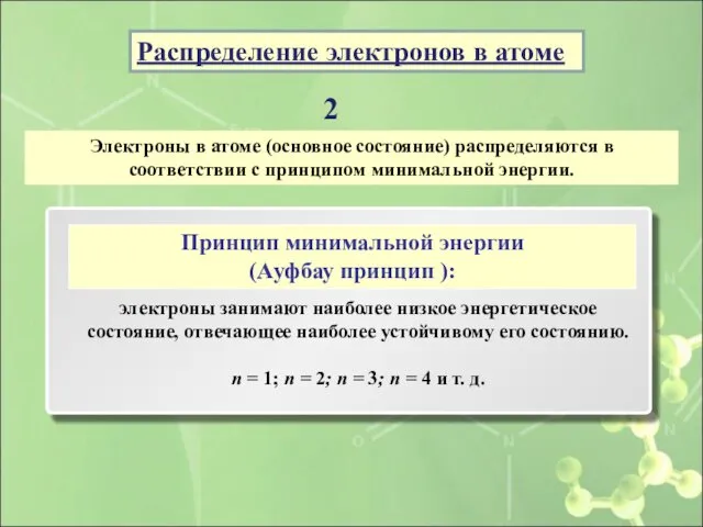 Электроны в атоме (основное состояние) распределяются в соответствии с принципом минимальной