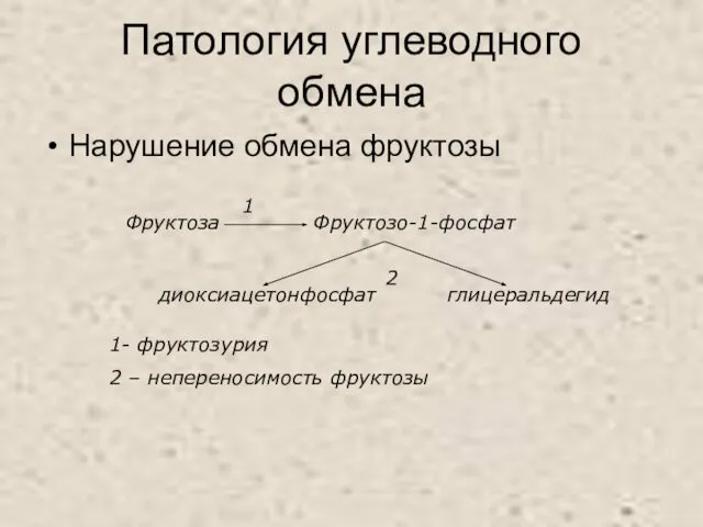 Патология углеводного обмена Нарушение обмена фруктозы Фруктозо-1-фосфат Фруктоза диоксиацетонфосфат глицеральдегид 1