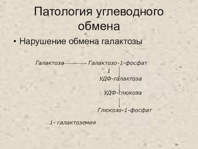 Патология углеводного обмена Нарушение обмена галактозы Галактозо-1-фосфат Галактоза УДФ-галактоза УДФ-глюкоза Глюкозо-1-фосфат 1 1- галактоземия