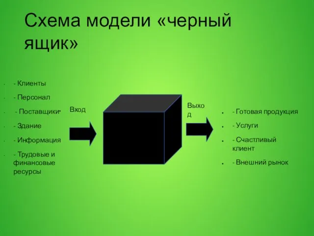 Схема модели «черный ящик» Вход - Готовая продукция - Услуги -