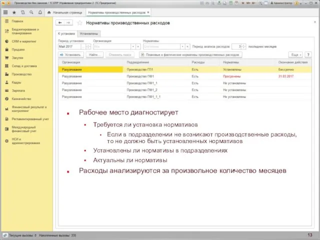 Рабочее место диагностирует Требуется ли установка нормативов Если в подразделении не