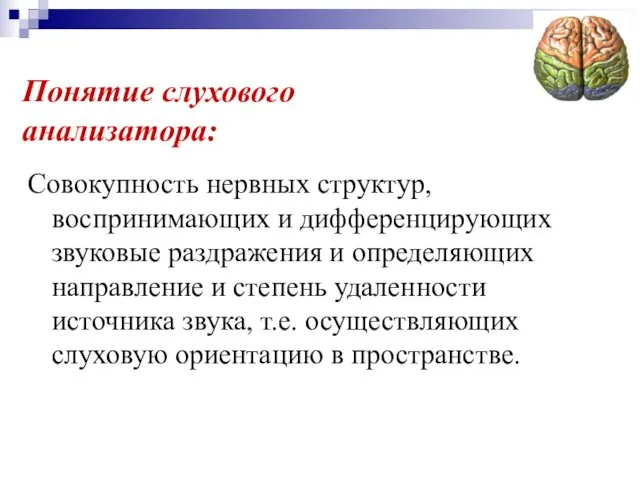 Понятие слухового анализатора: Совокупность нервных структур, воспринимающих и дифференцирующих звуковые раздражения