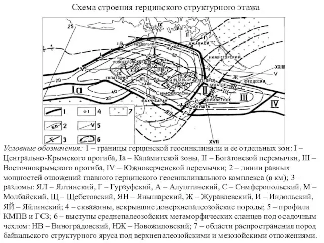 Условные обозначения: 1 – границы герцинской геосинклинали и ее отдельных зон: