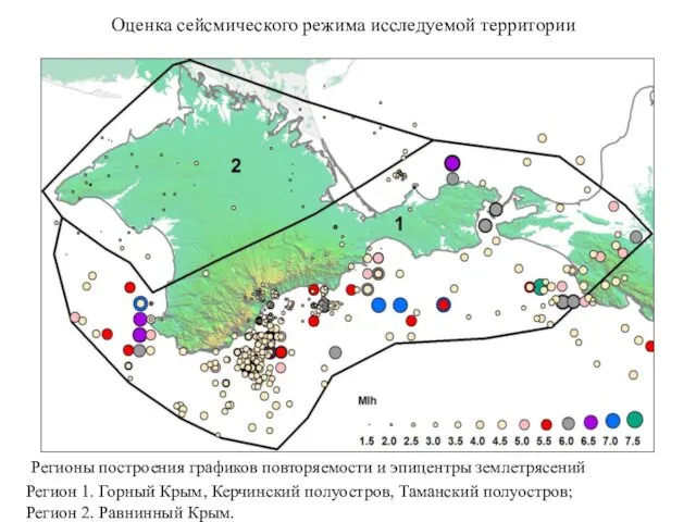 Оценка сейсмического режима исследуемой территории Регионы построения графиков повторяемости и эпицентры