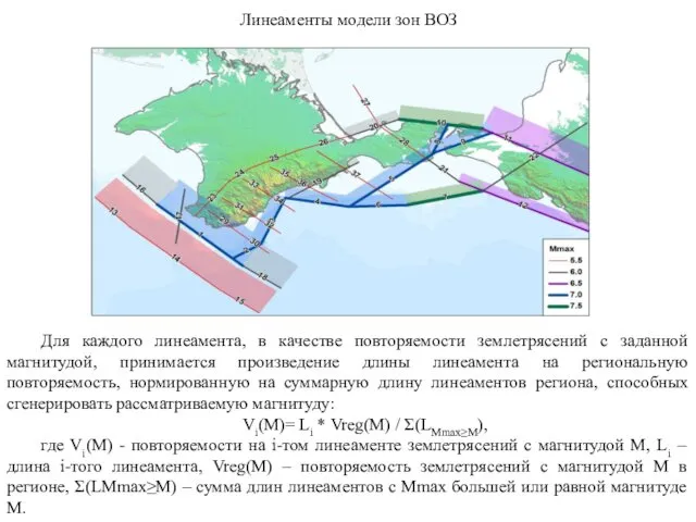 Линеаменты модели зон ВОЗ Для каждого линеамента, в качестве повторяемости землетрясений