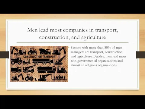 Men lead most companies in transport, construction, and agriculture Sectors with