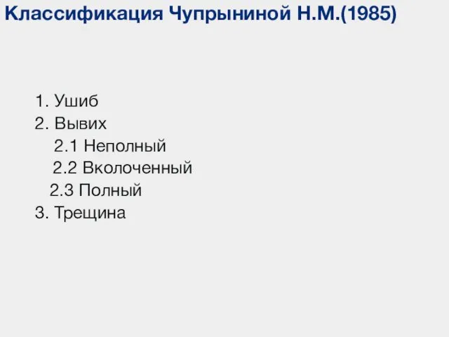 Классификация Чупрыниной Н.М.(1985) 1. Ушиб 2. Вывих 2.1 Неполный 2.2 Вколоченный 2.3 Полный 3. Трещина