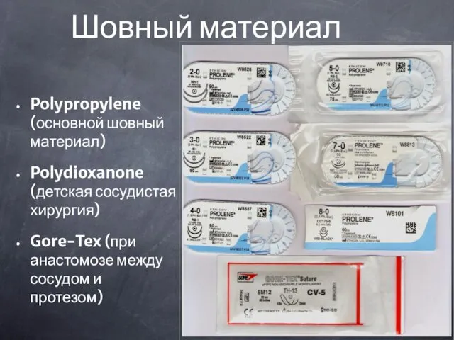 Шовный материал Polypropylene (основной шовный материал) Polydioxanone (детская сосудистая хирургия) Gore-Tex