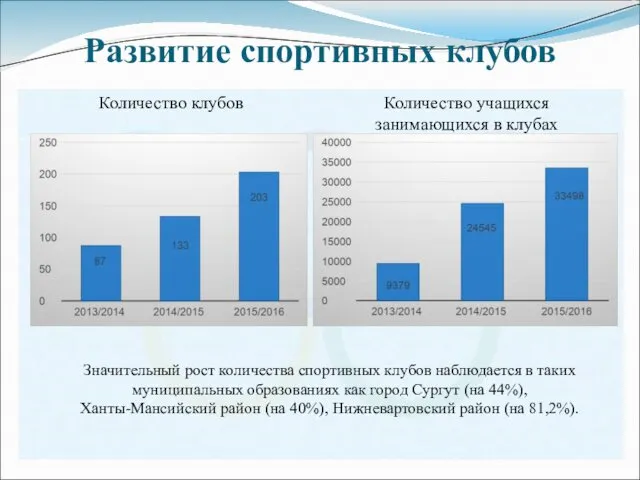 Развитие спортивных клубов Количество клубов Количество учащихся занимающихся в клубах Значительный