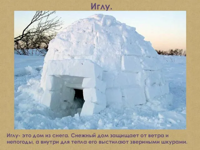 Иглу. Иглу- это дом из снега. Снежный дом защищает от ветра