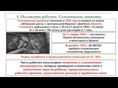 5. Положение рабочих. Стахановское движение Стахановское движение возникло в 1935 году