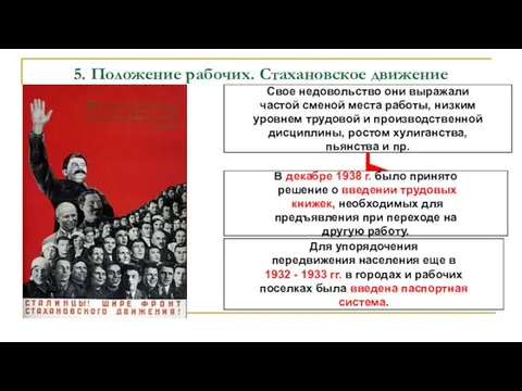 5. Положение рабочих. Стахановское движение Свое недовольство они выражали частой сменой