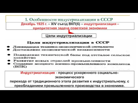 1. Особенности индустриализации в СССР Декабрь 1925 г. – XIV съезд