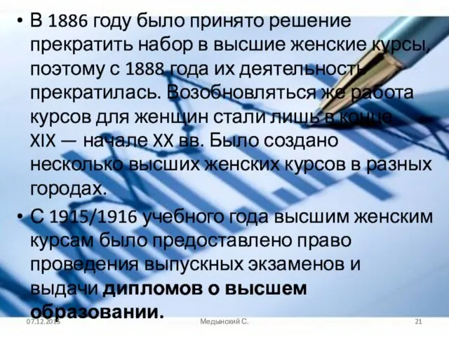 В 1886 году было принято решение прекратить набор в высшие женские