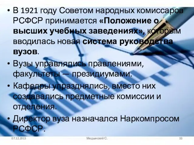 В 1921 году Советом народных комиссаров РСФСР принимается «Положение о высших