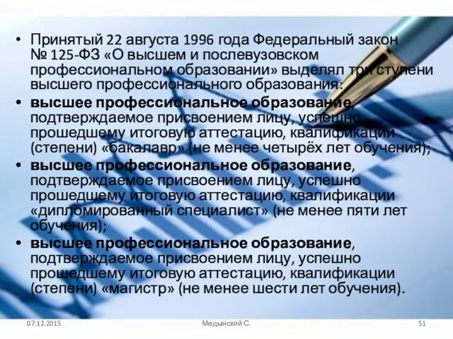 Принятый 22 августа 1996 года Федеральный закон № 125-ФЗ «О высшем