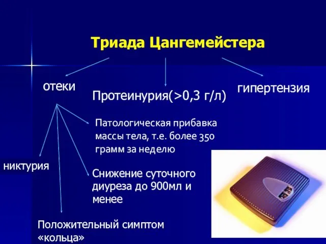 Триада Цангемейстера отеки Протеинурия(>0,3 г/л) гипертензия Патологическая прибавка массы тела, т.е.