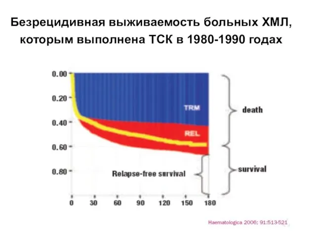 Безрецидивная выживаемость больных ХМЛ, которым выполнена ТСК в 1980-1990 годах