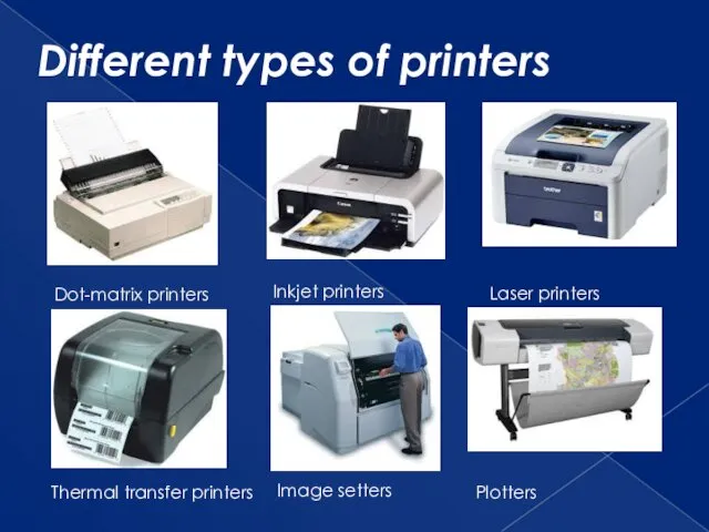 Different types of printers Dot-matrix printers Inkjet printers Laser printers Thermal transfer printers Image setters Plotters