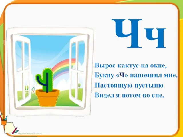 Чч Вырос кактус на окне, Букву «Ч» напомнил мне. Настоящую пустыню Видел я потом во сне.