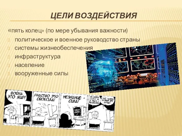 ЦЕЛИ ВОЗДЕЙСТВИЯ «пять колец» (по мере убывания важности) политическое и военное