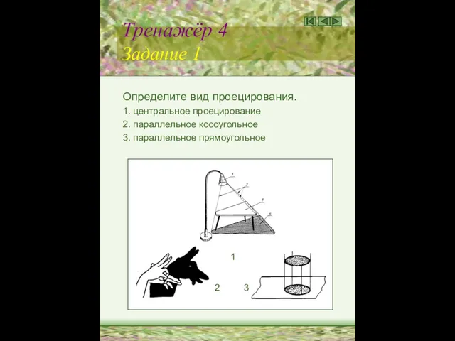 Тренажёр 4 Задание 1 Определите вид проецирования. 1. центральное проецирование 2.