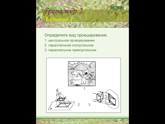 Тренажёр 2 Задание 1 Определите вид проецирования. 1. центральное проецирование 2.