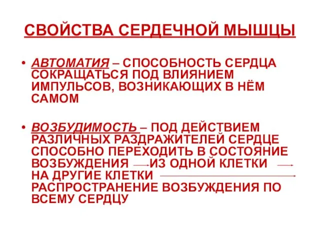 СВОЙСТВА СЕРДЕЧНОЙ МЫШЦЫ АВТОМАТИЯ – СПОСОБНОСТЬ СЕРДЦА СОКРАЩАТЬСЯ ПОД ВЛИЯНИЕМ ИМПУЛЬСОВ,