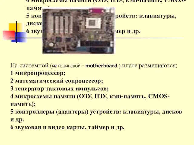 На системной (материнской - motherboard ) плате размещаются: 1 микропроцессор; 2