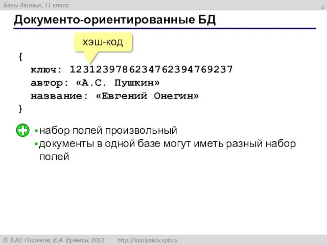 Документо-ориентированные БД { ключ: 1231239786234762394769237 автор: «А.С. Пушкин» название: «Евгений Онегин»