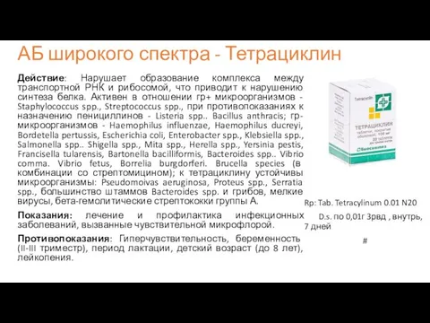 АБ широкого спектра - Тетрациклин Действие: Нарушает образование комплекса между транспортной