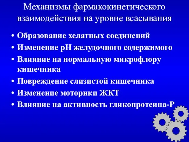 Механизмы фармакокинетического взаимодействия на уровне всасывания Образование хелатных соединений Изменение рН