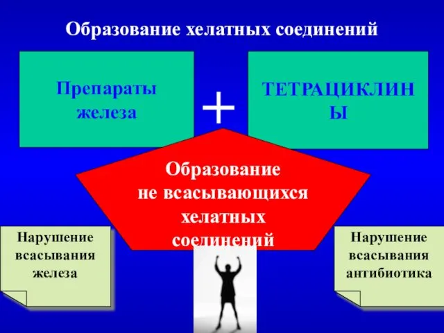 Образование хелатных соединений Препараты железа ТЕТРАЦИКЛИНЫ Образование не всасывающихся хелатных соединений