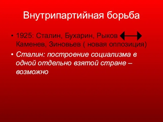 Внутрипартийная борьба 1925: Сталин, Бухарин, Рыков Каменев, Зиновьев ( новая оппозиция)