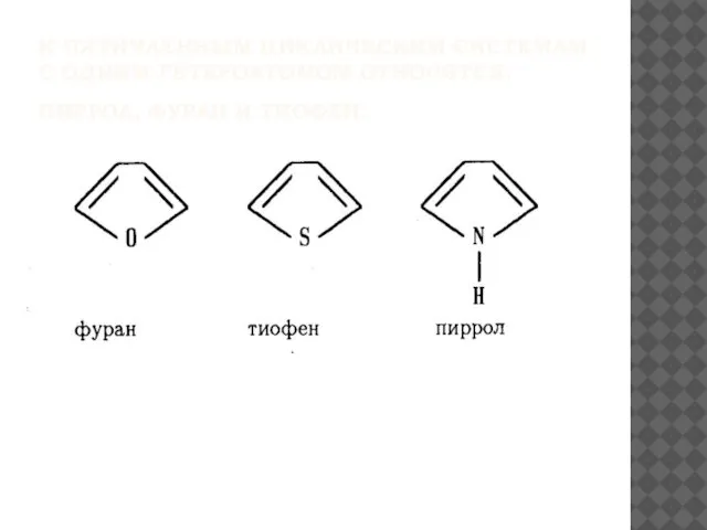 К ПЯТИЧЛЕННЫМ ЦИКЛИЧЕСКИМ СИСТЕМАМ С ОДНИМ ГЕТЕРОАТОМОМ ОТНОСЯТСЯ: ПИРРОЛ, ФУРАН И ТИОФЕН.